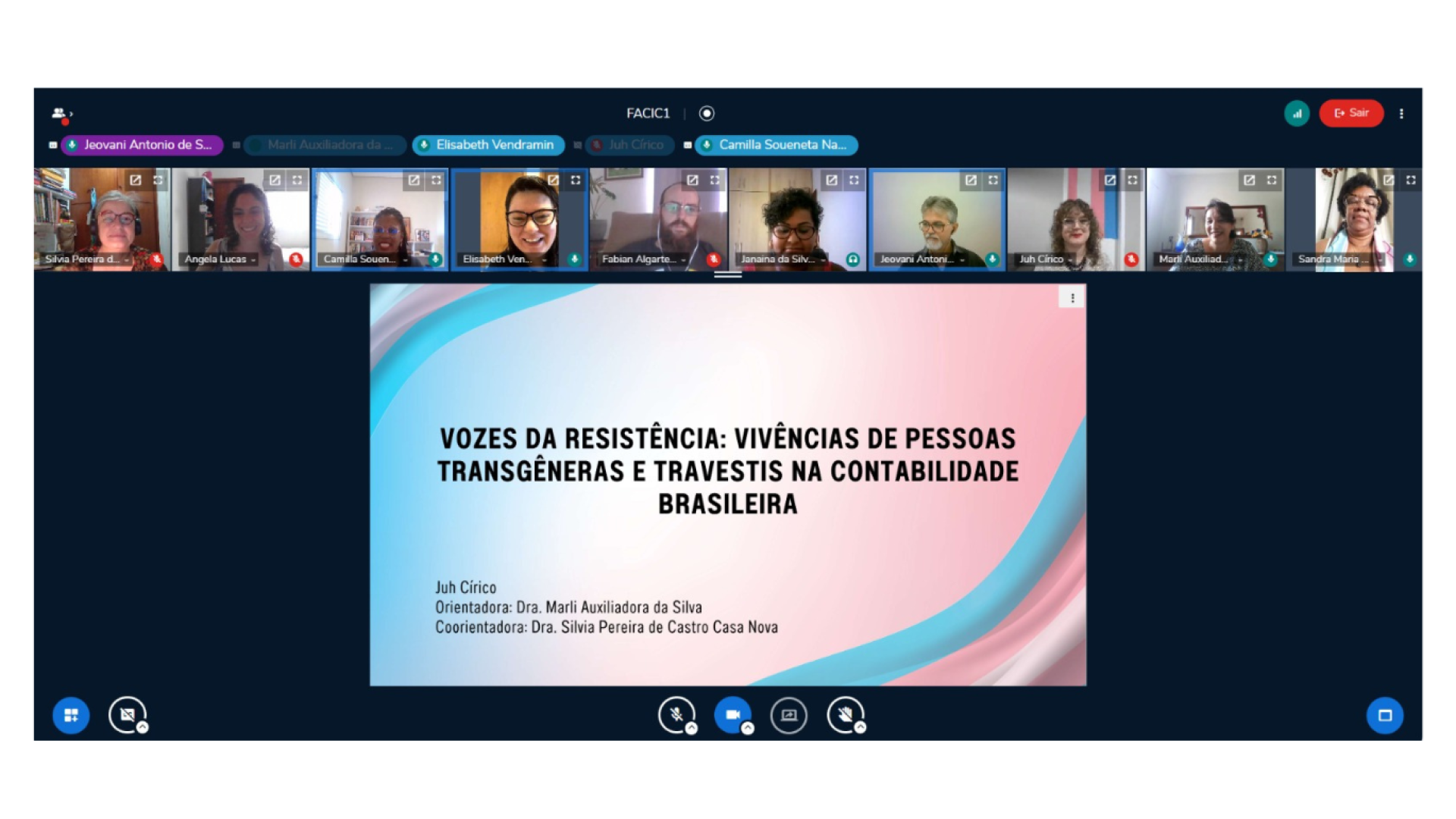Imagem exibe defesa da tese de doutorado de Juh Círico, intitulada como: 'Vozes da resistência: vivências de pessoas transgêneras e travestis na contabilidade brasileira'