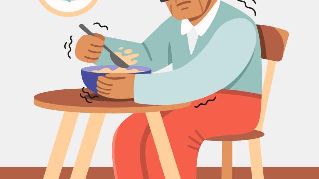 Ilustração de um homem idoso, de óculos, sentado para se alimentar e com a mão direita trêmula segurando uma colher