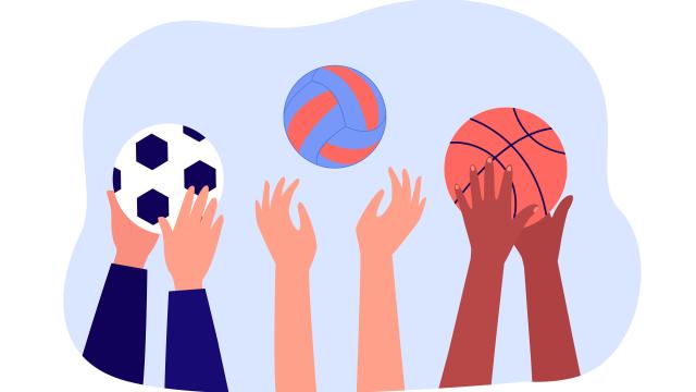 Na imagem, uma ilustração com braços segurando uma bola de futebol, uma de vôlei e uma de basquete