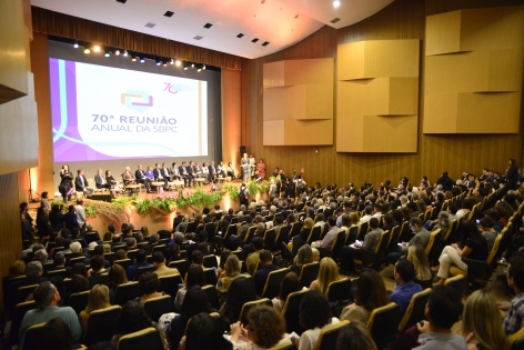 Sessão de abertura da 70ª Reunião Anual da SBPC realizada no dia 22 de julho de 2018, em Maceió/Alagoas. (Foto: Divulgação/SBPC)