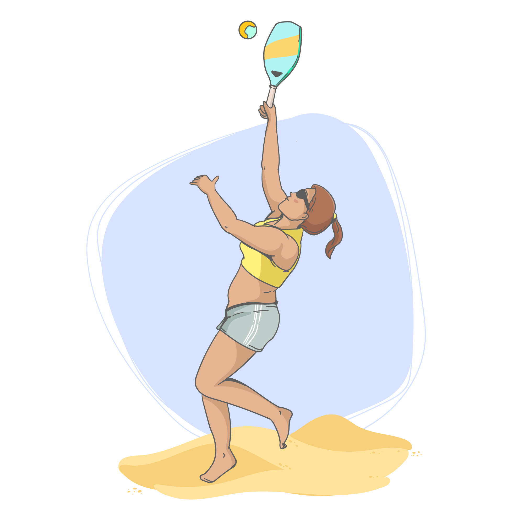Desenho de uma mulher jogando beach tennis, com uma raquete na mão e olhando para cima, onde a bolinha se encontra