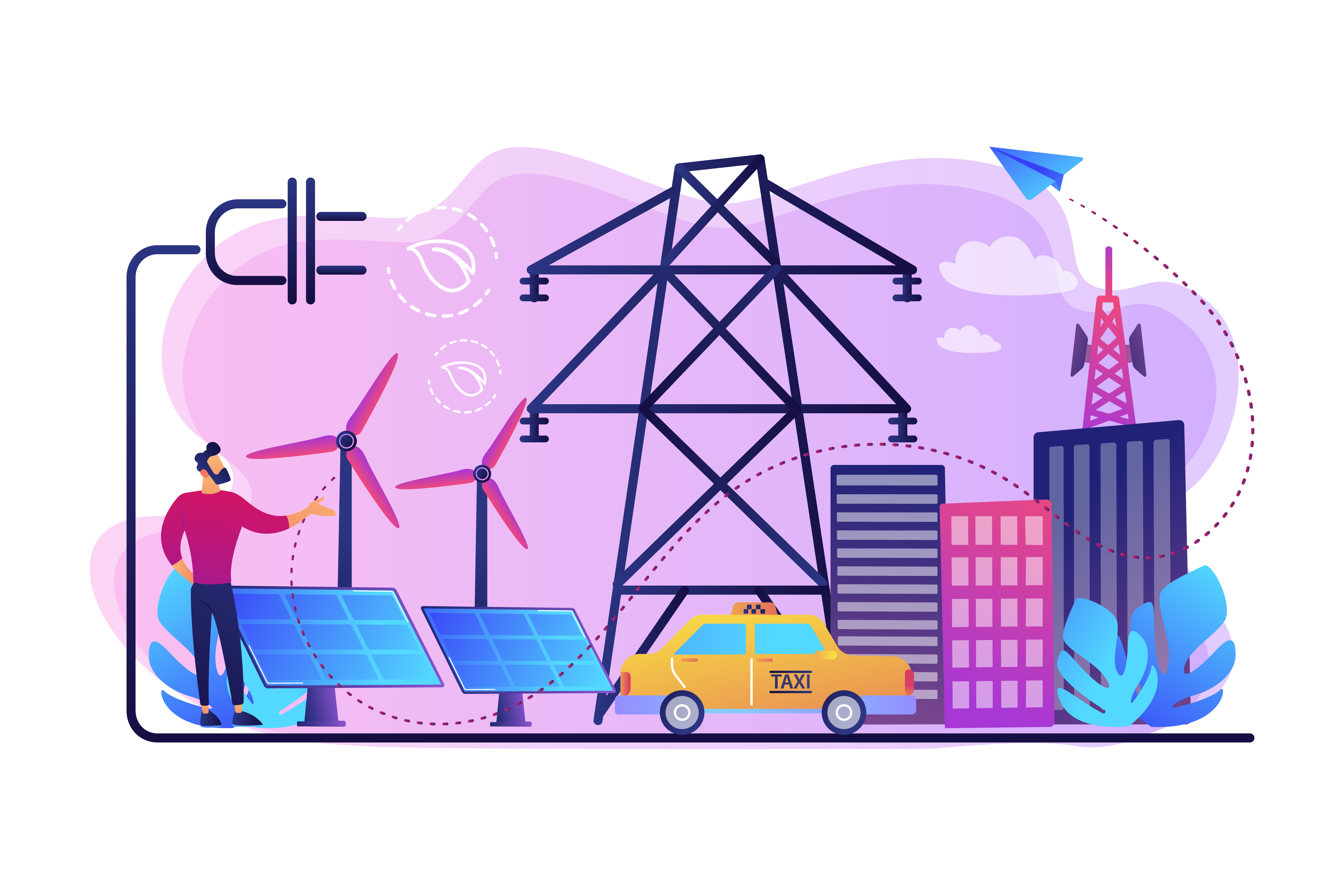 Ilustração mostrando cidade com linha de transmissão, veículo e fontes de energia elétrica sustentável
