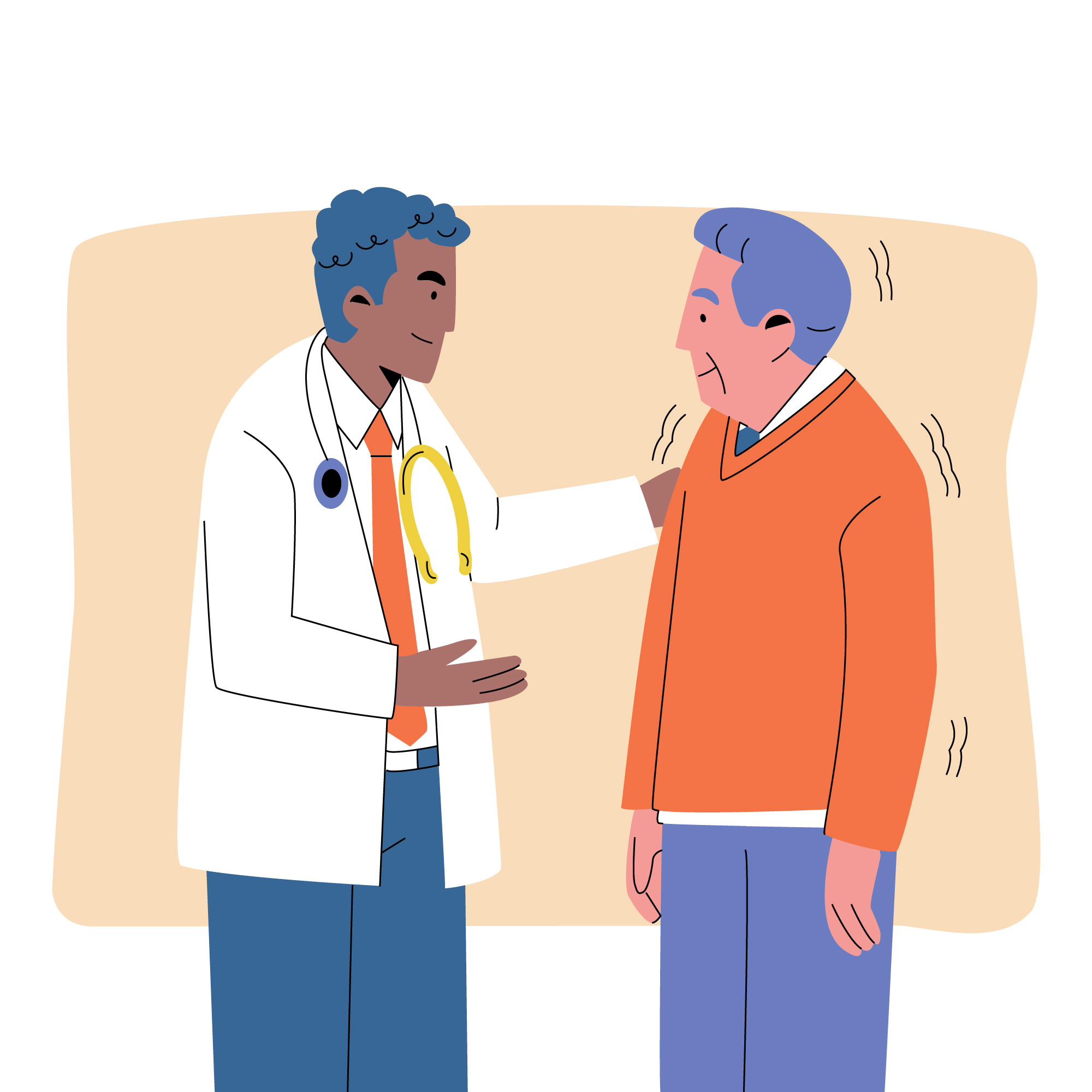 Na imagem, uma ilustração de um médico e um paciente. O médico está com a mão no ombro do paciente