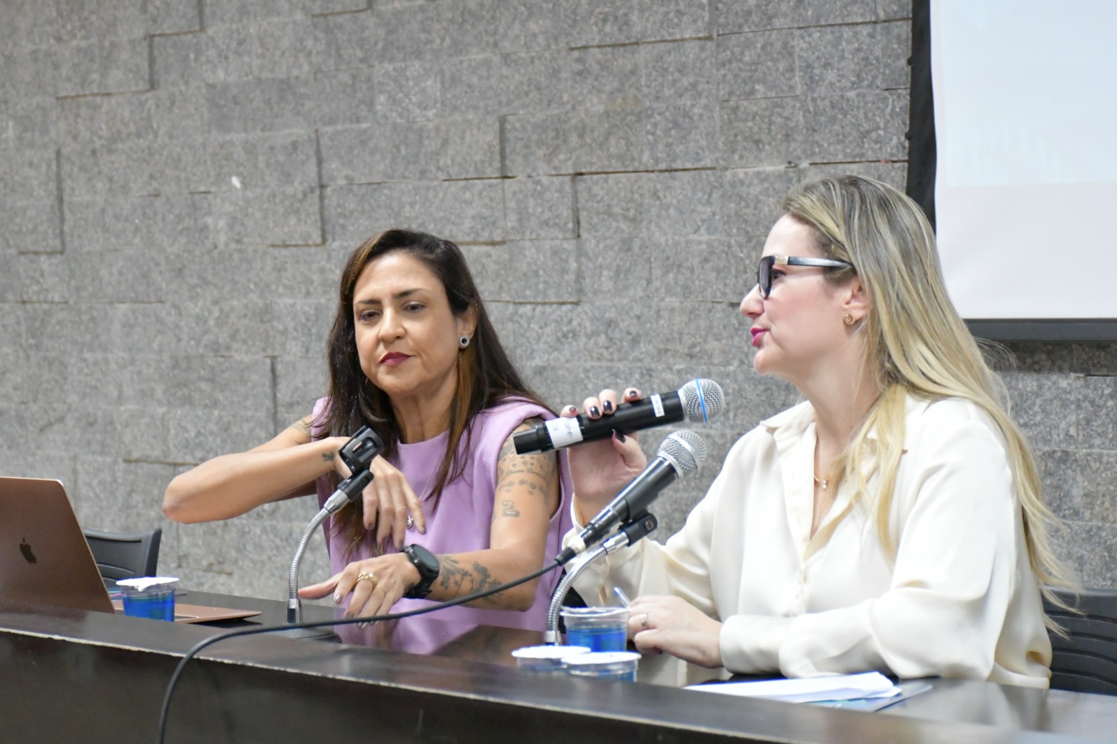 Fábia Lima (à esquerda) e Renata Neiva (à direita), durante a reunião do Cogecom Sudeste no IV Comunica Ciência/
