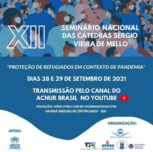 Cartaz azul informando sobre o XII Seminário Nacional das Cátedras Sergio Vieira de Mello.