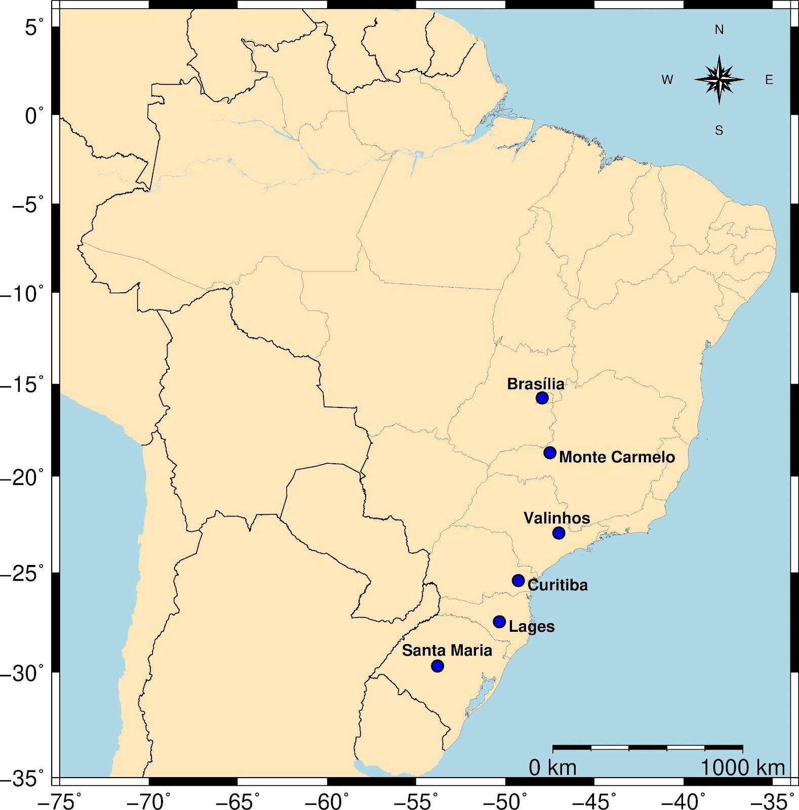 Mapa da localização das estações absolutas que receberam os gravímetros