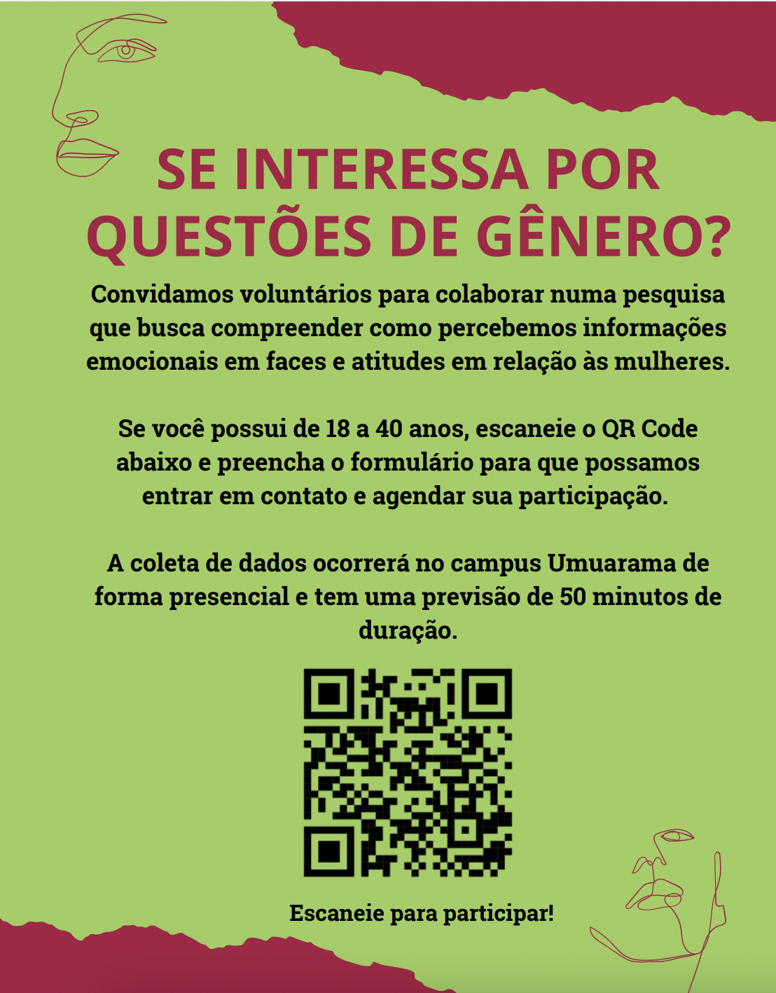 Banner de informações sobre a pesquisa com um QR Code para inscrições