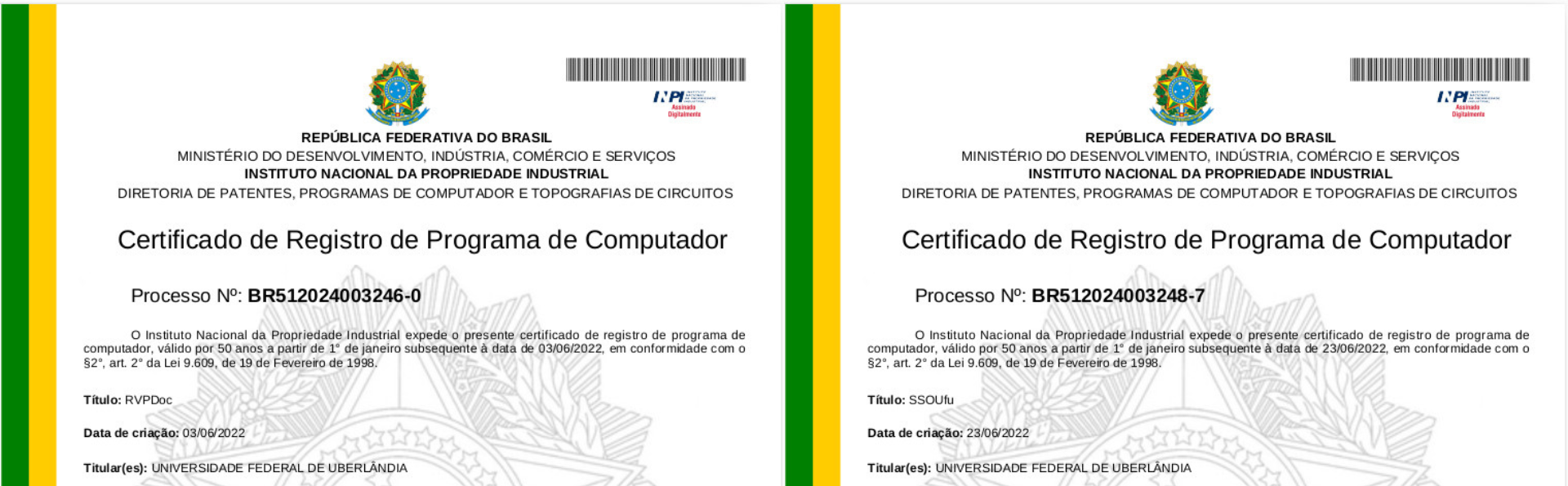 Certificados de Registro do RVPDoc e SSOUfu