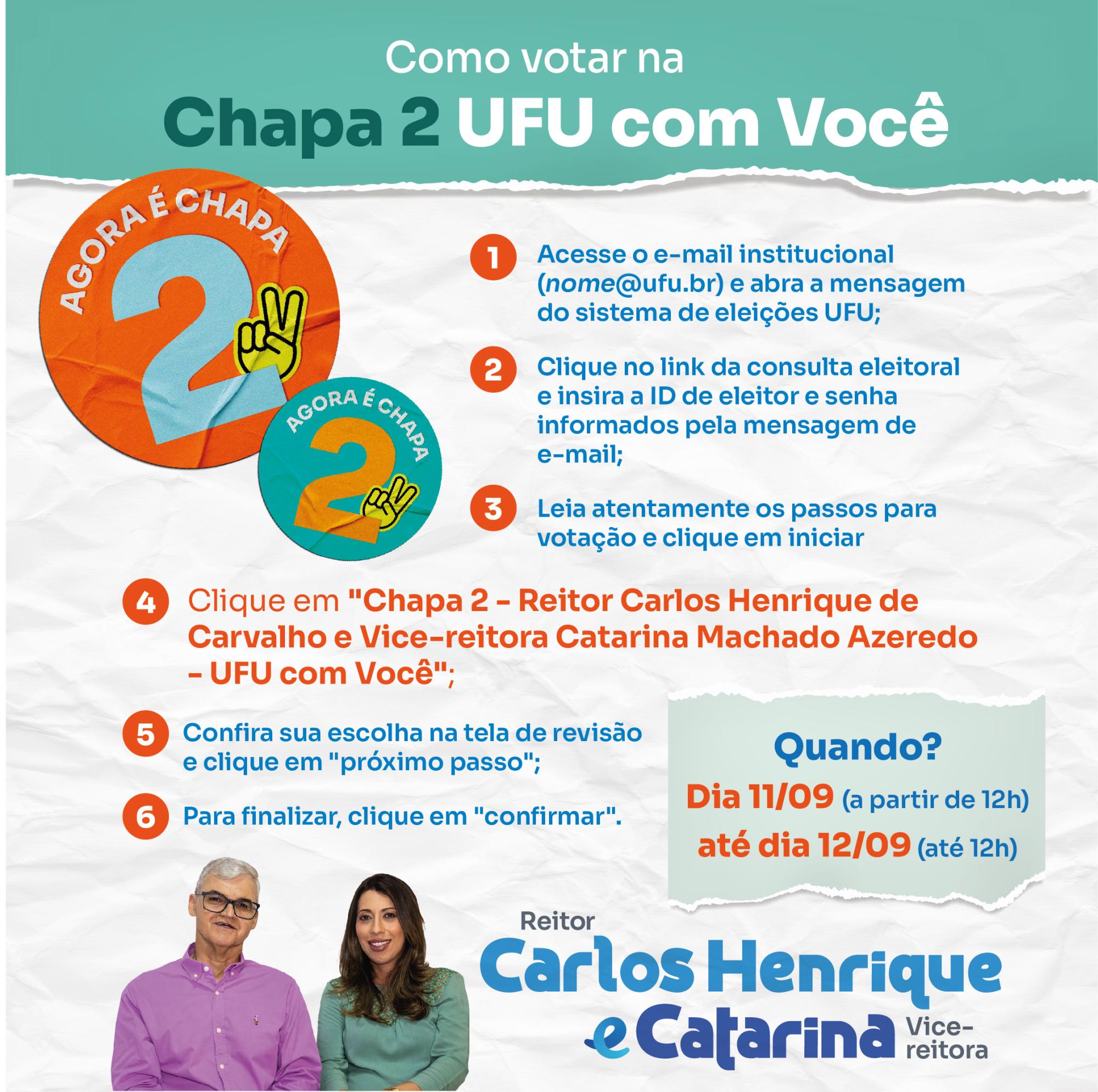 Arte com texto 'Como votar na Chapa 2 UFU com Você' no topo; no rodapé, foto e nomes de Carlos Henrique de Carvalho e Catarina Azeredo; ao longo do card, os seis passos do processo de votação e um quadro com o período dele 'Dia 11/09 (a partir de 12h) até dia 12/09 (até 12h)'