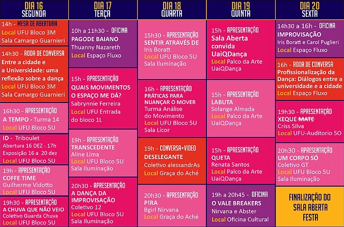 Tabela colorida com a programação completa do 'Sala Aberta 2024'