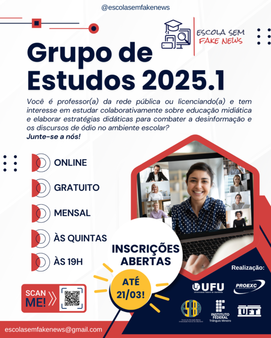 Banner com informação gerais do Grupo de Estudos 2025.1 do projeto 'Escola sem Fake News'