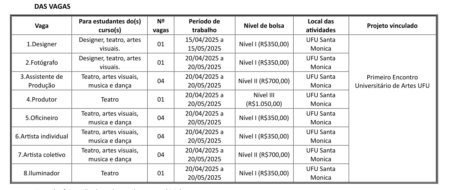 Quadro com vagas e funções das bolsas