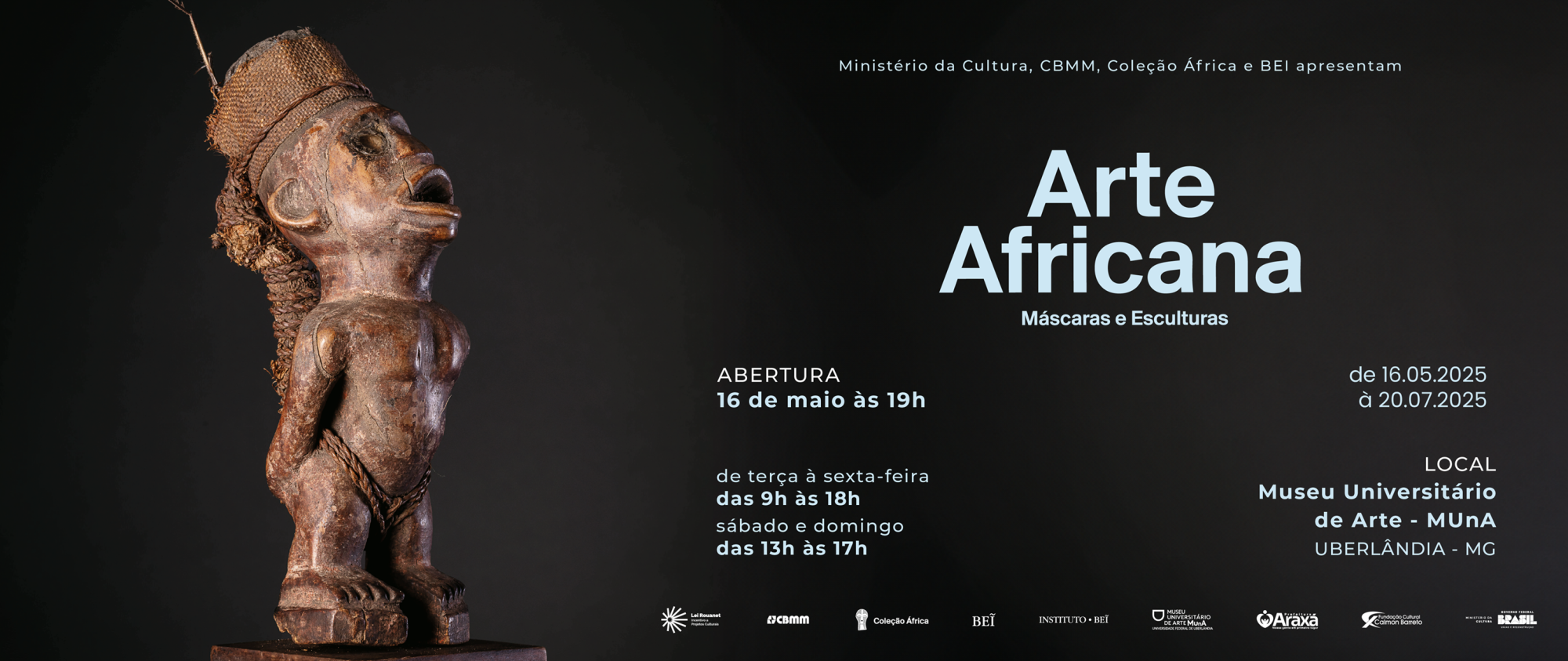 Arte de divulgação, com escultura à esquerda e as informações gerais da exposição ao centro e à direita 