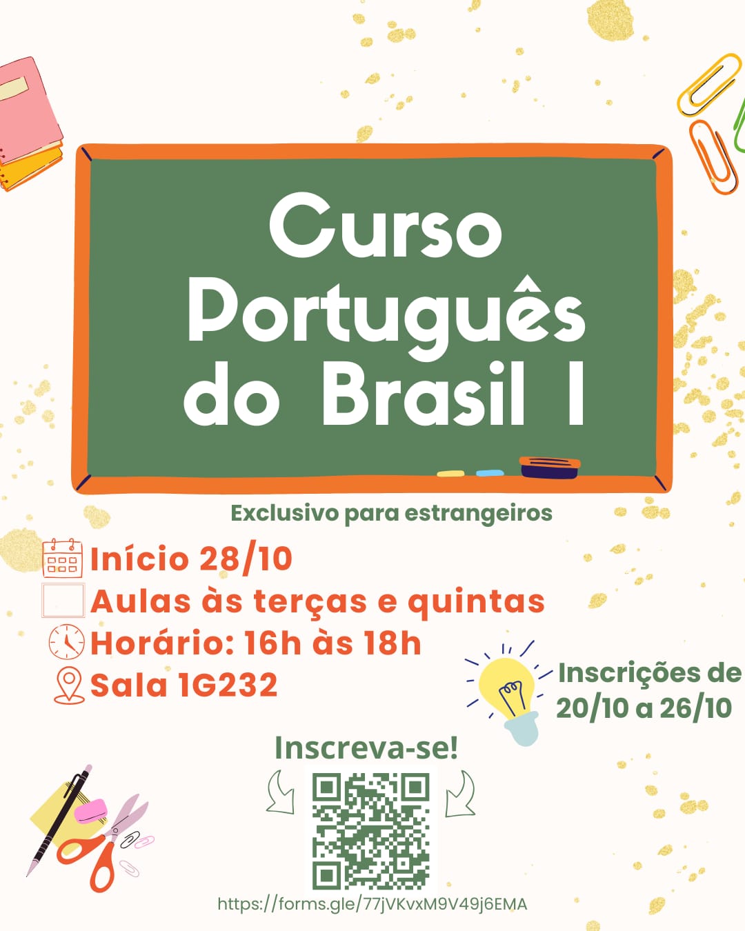 Cartaz de divulgação, com as principais informações sobre o curso e um QR code para acesso ao formulário para inscrições