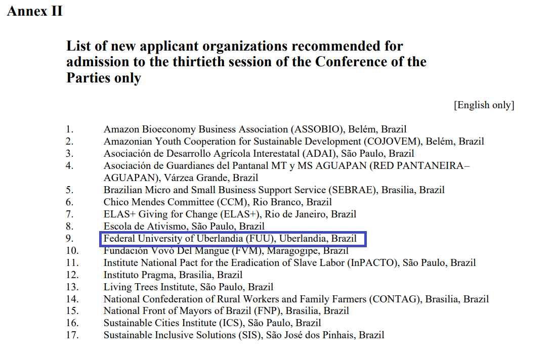 Carta de Aceitação da participação da UFU como observadora da COP30 (Foto: Reprodução)