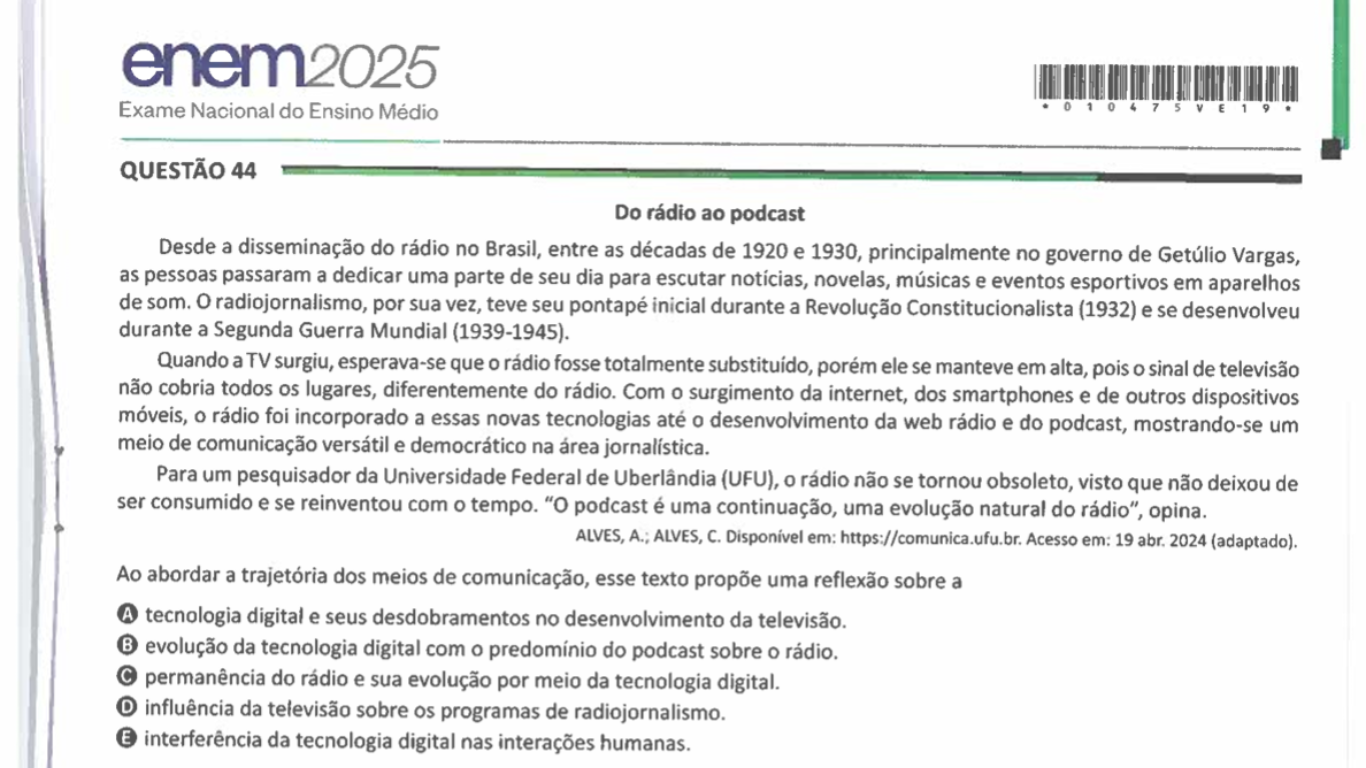 Reprodução da questão na prova do Enem