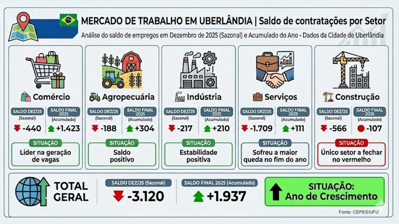 Infográfico com dados por setor do Mercado de Trabalho em Uberlândia