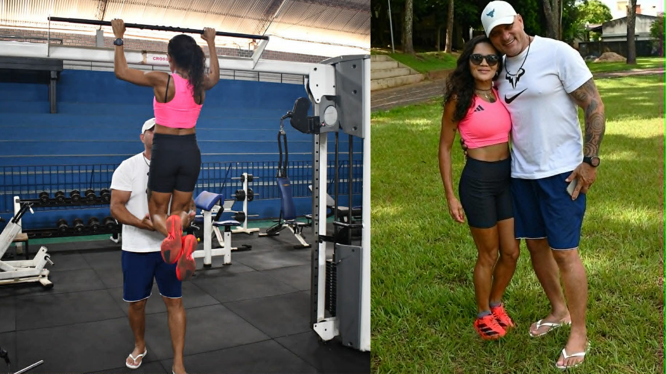 Montagem com duas fotos de Eva e o marido, Neirom Figueiredo; à esquerda, ele a auxilia em um exercício de academia; à direita, eles posam, abraçados e sorrindo