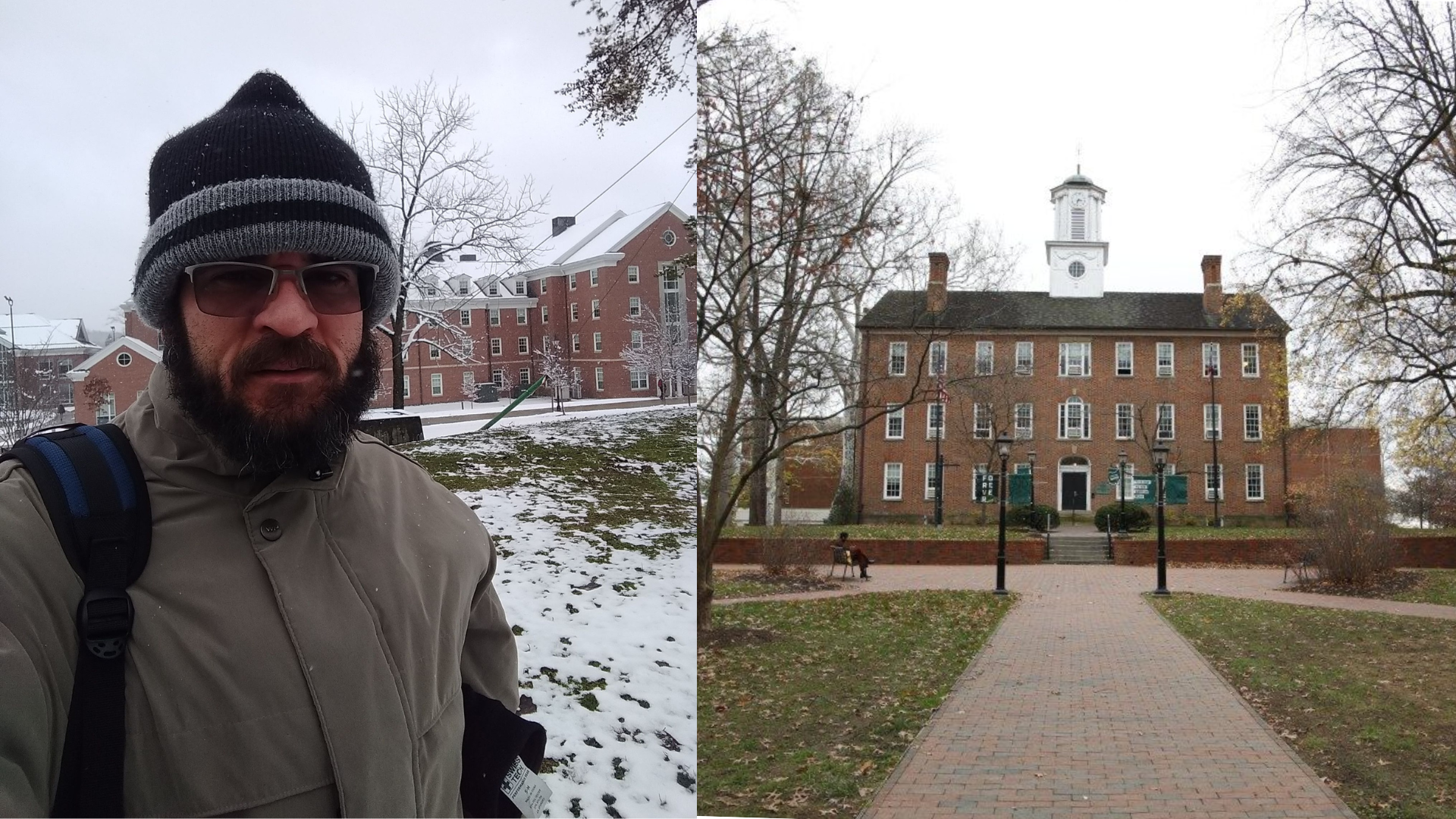 Professor Vernek em Ohio em 2019; ao lado, a Universidade de Ohio.