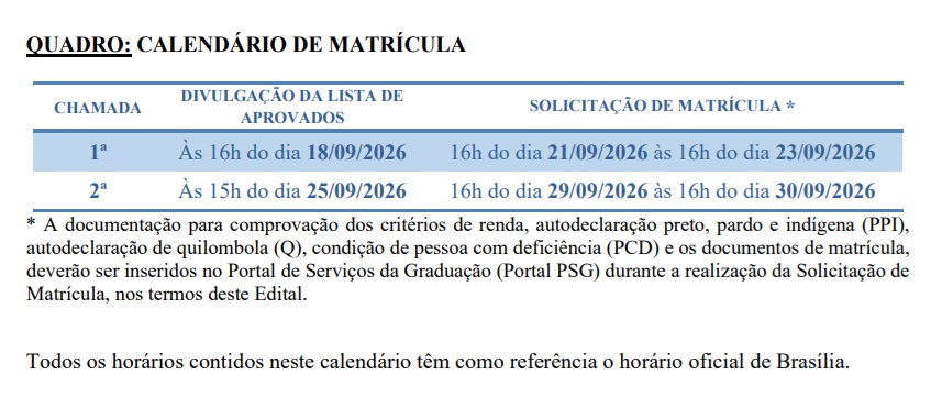 Calendário com as datas de chamadas