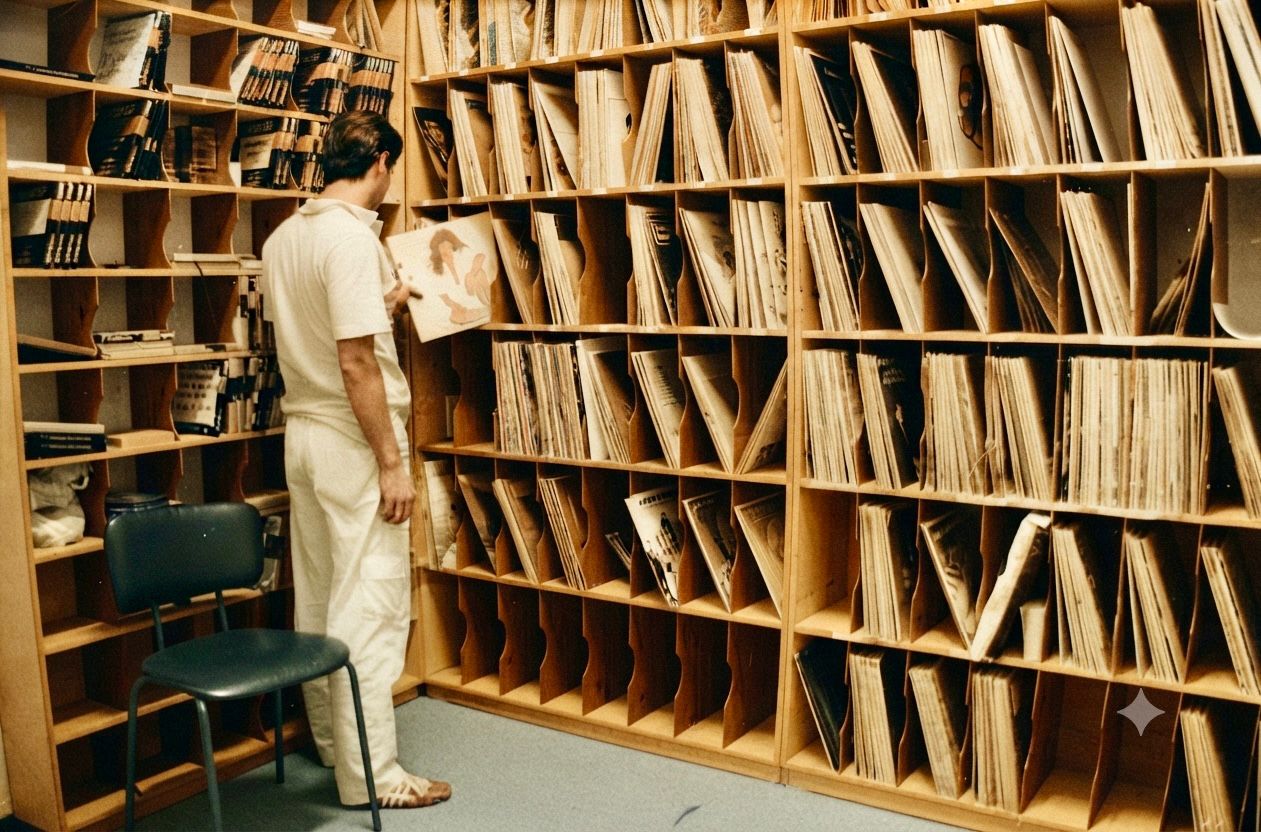 Imagem de uma pessoa com o acervo de disco 
