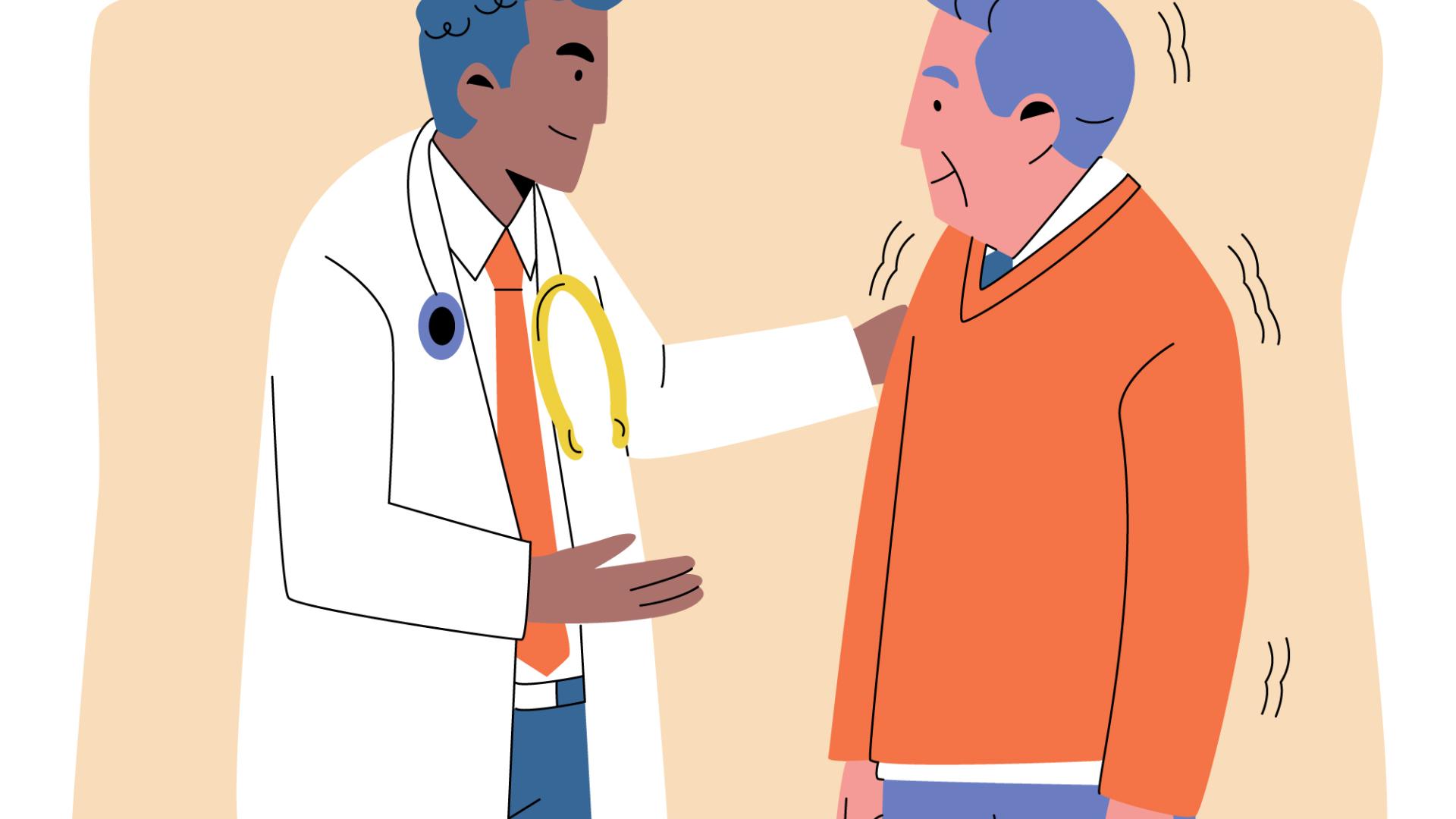 Na imagem, uma ilustração de um médico e um paciente. O médico está com a mão no ombro do paciente