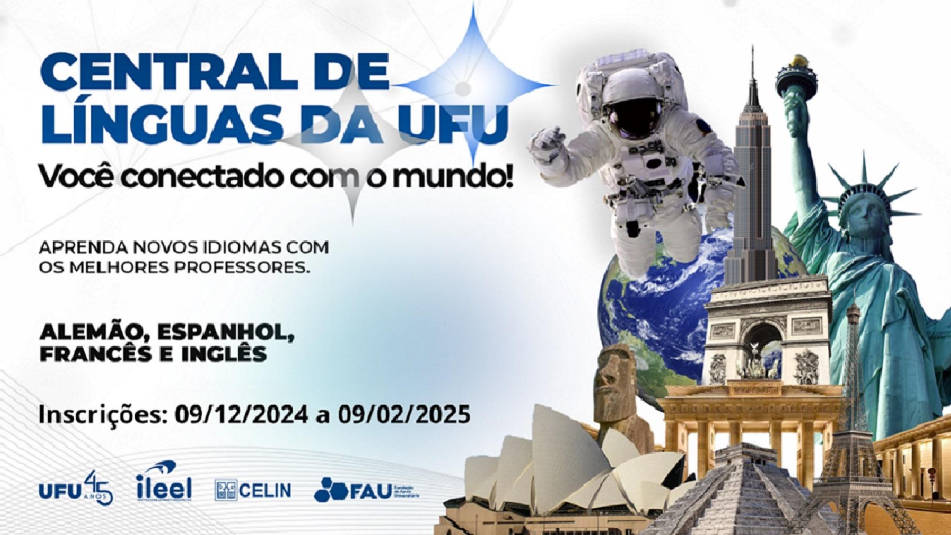 Arte com o texto 'Central de Línguas da UFU - Você conectado com o mundo!'