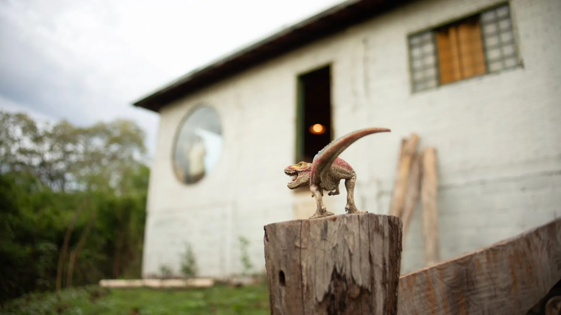 Imagem de um dinossauro de brinquedo, em primeiro plano, com uma casa ao fundo