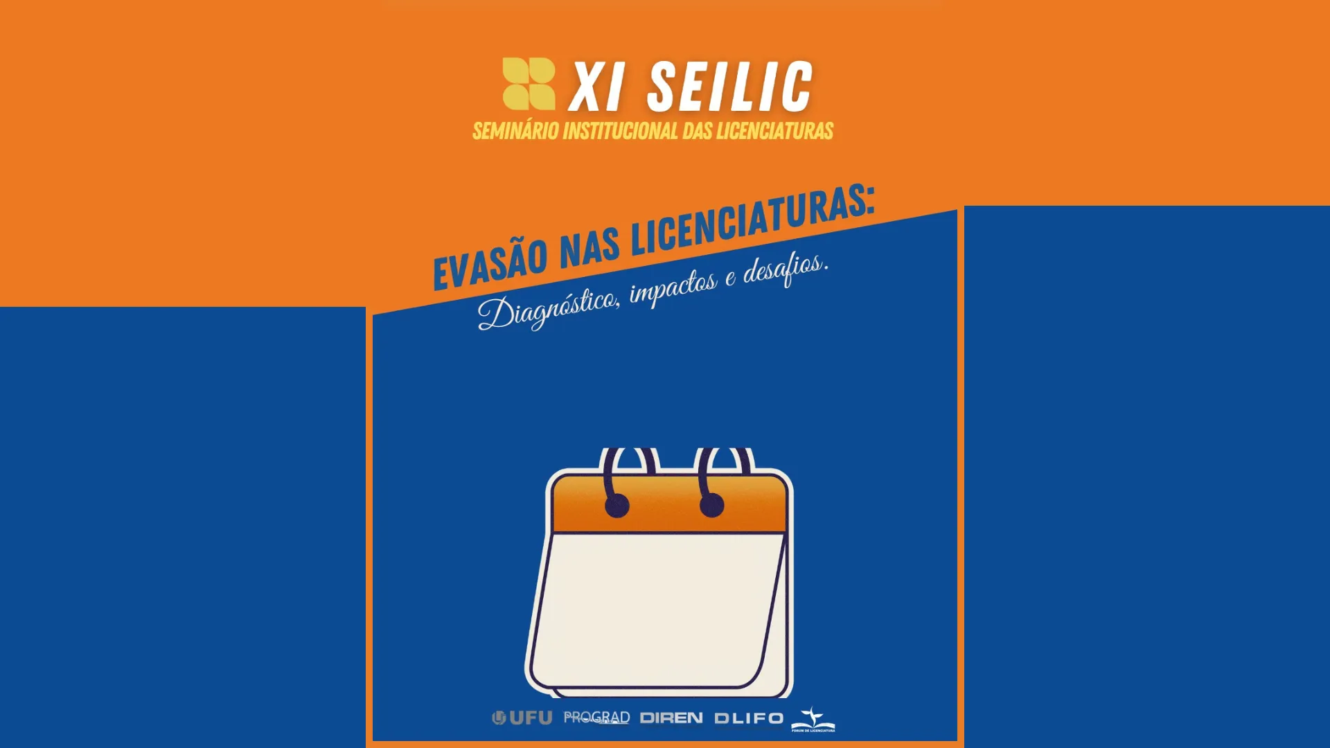 Arte do evento nas cores laranja e azul