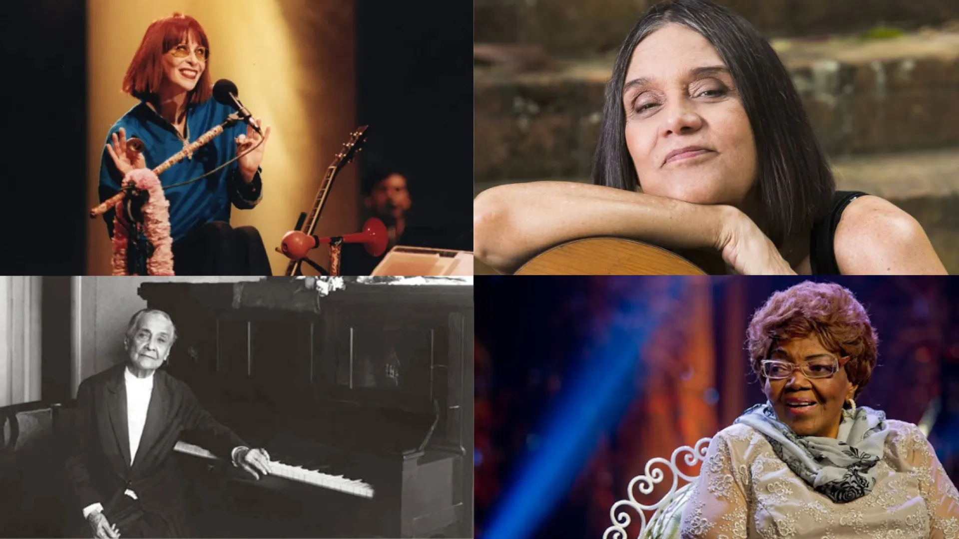 Montagem com fotos de quatro compositoras: acima, Rita Lee e Joyce Moreno; abaixo, Chiquinha Gonzaga e Dona Ivone Lara