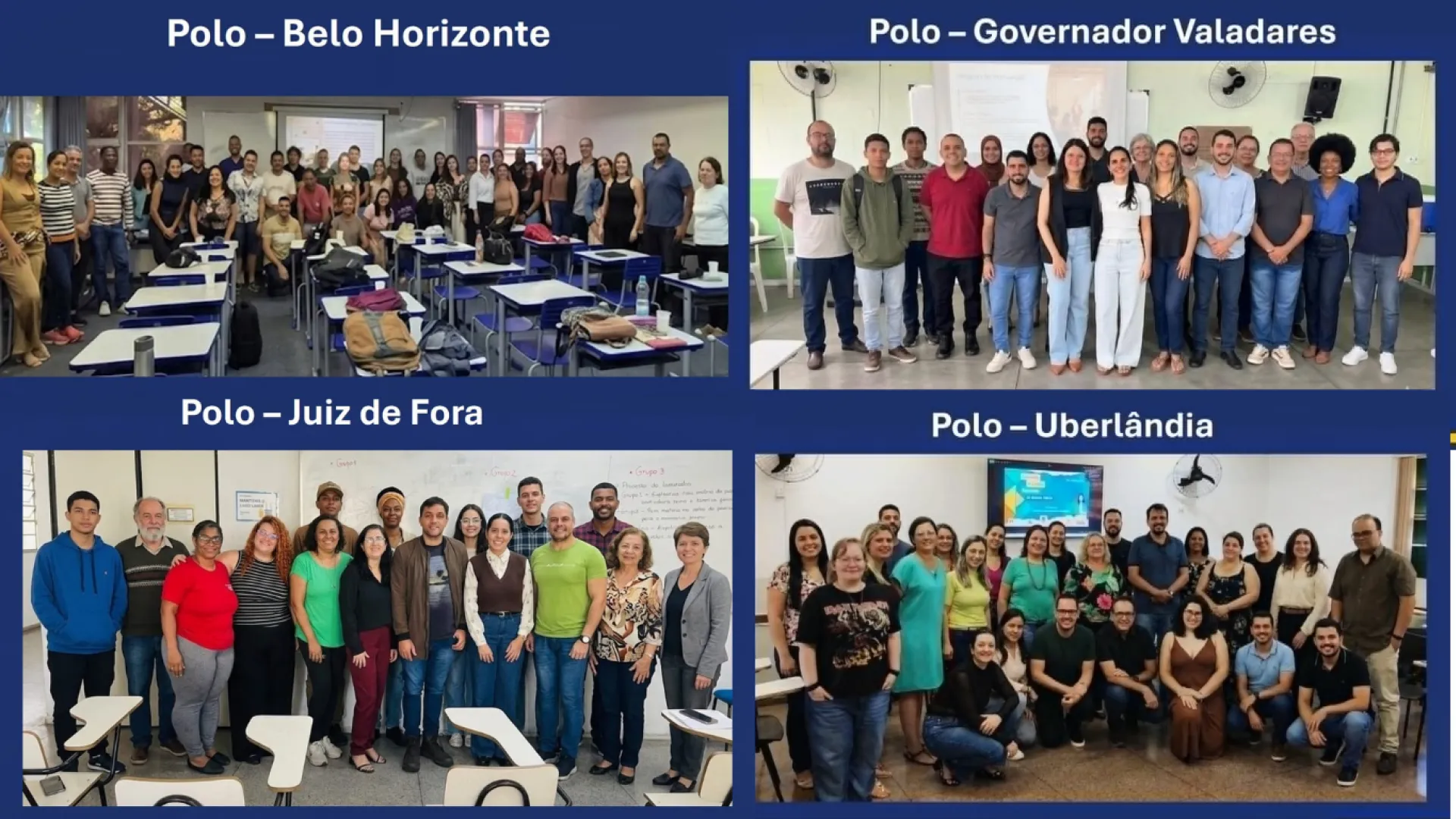 Montagem com fotos de quatro encontros presenciais de turmas do curso de especialização