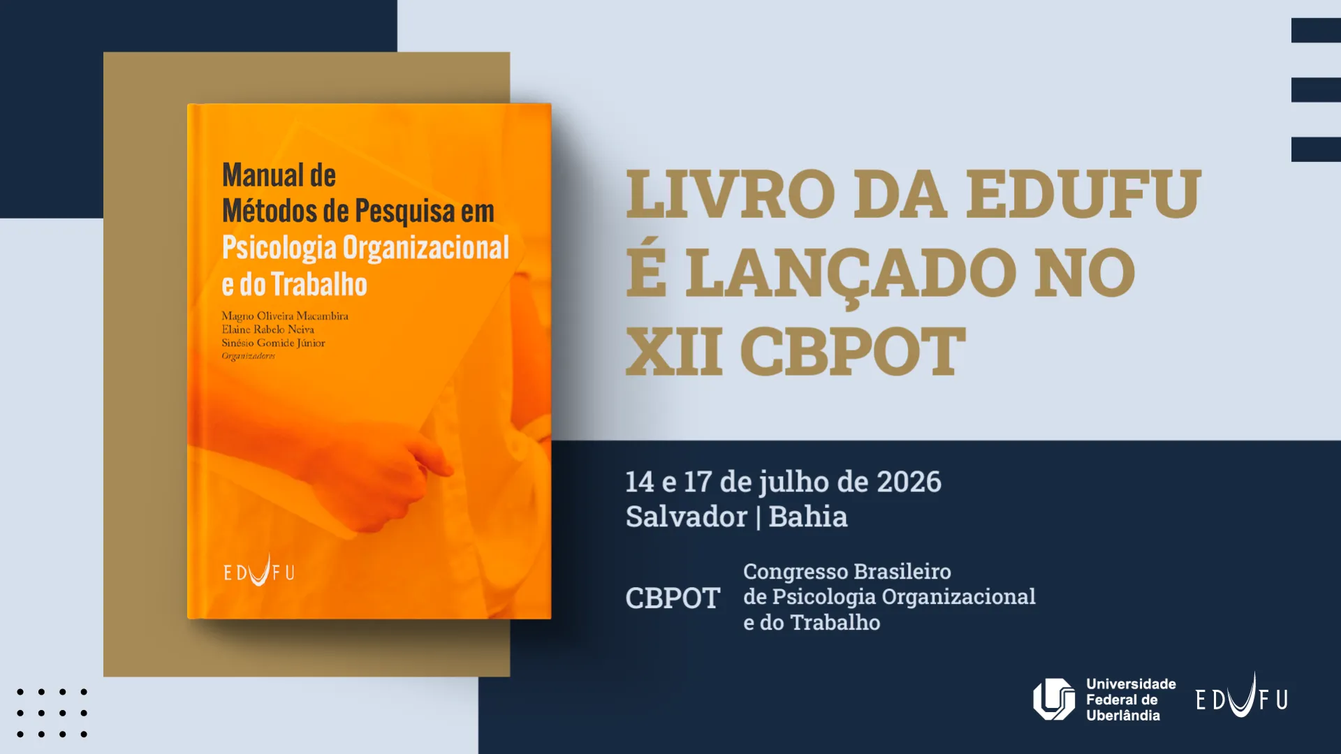 Arte de divulgação, com a capa do livro e o texto 'Livro da Edufu é lançado no XII CBPOT'