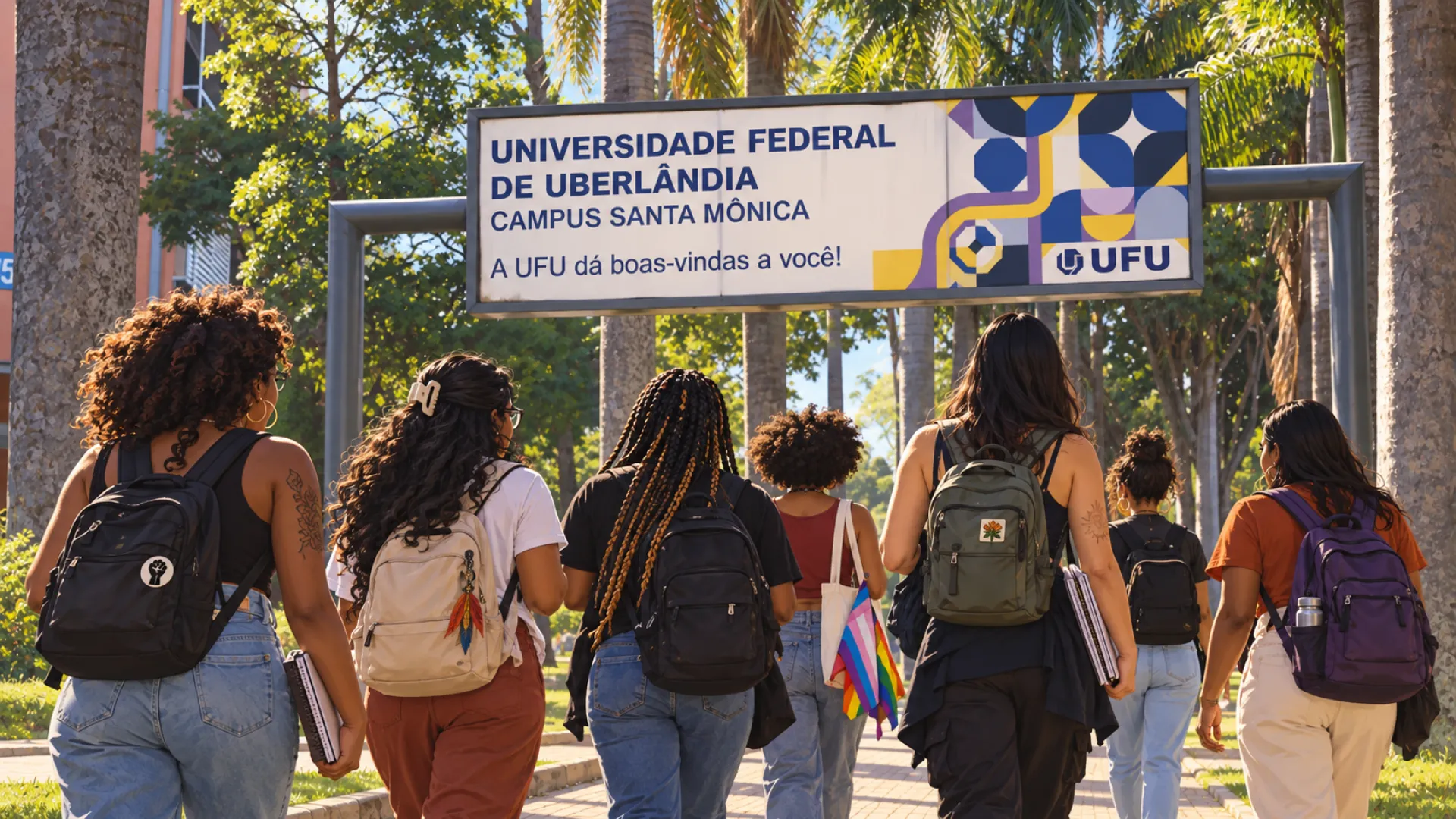 Mulheres caminham na entrada dop Campus Santa Mônica