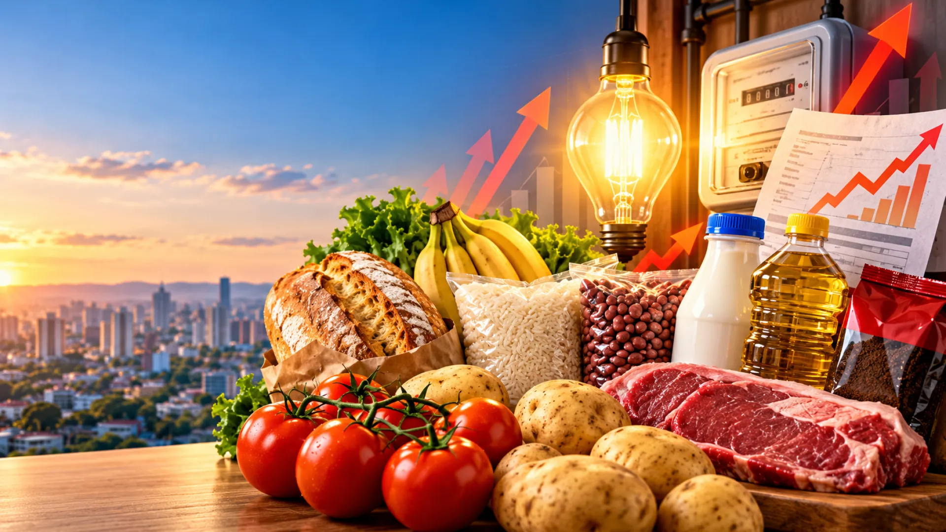 Imagem com alimentos e lampada (simbolo de energia eletrica)