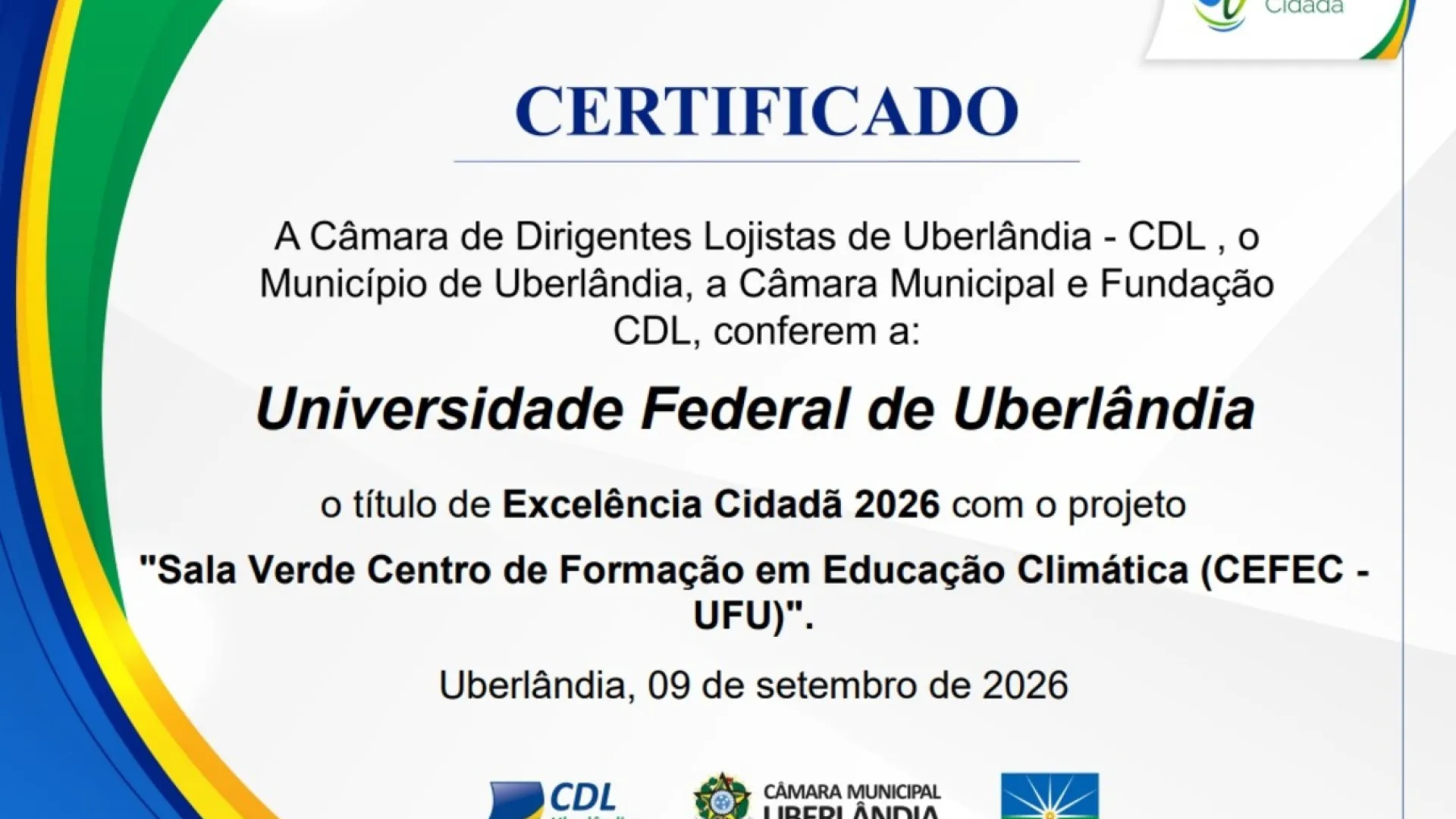 Certificado recebido pela Sala Verde