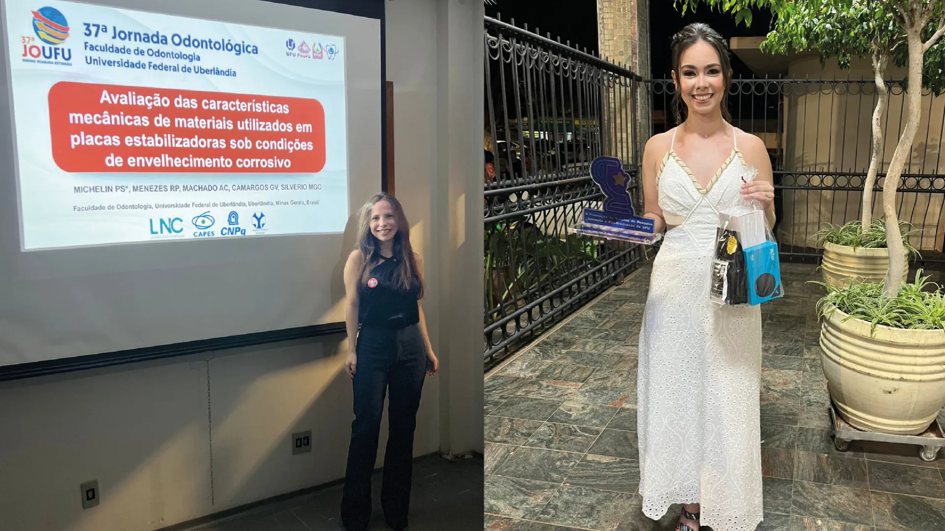 Imagem de Pietra e Júlia nos respectivos eventos de premiação