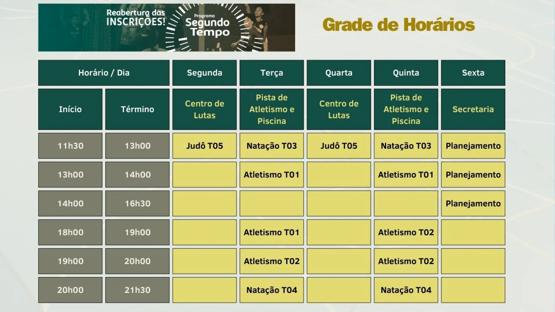 Grade de horários do Programa Segundo Tempo