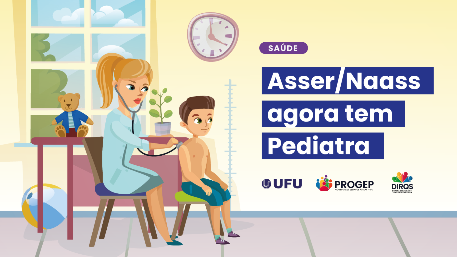 Ilustração de uma médica pediatra atendendo uma criança. À direita, os dizeres "Asser/Naass agora tem pediatra".