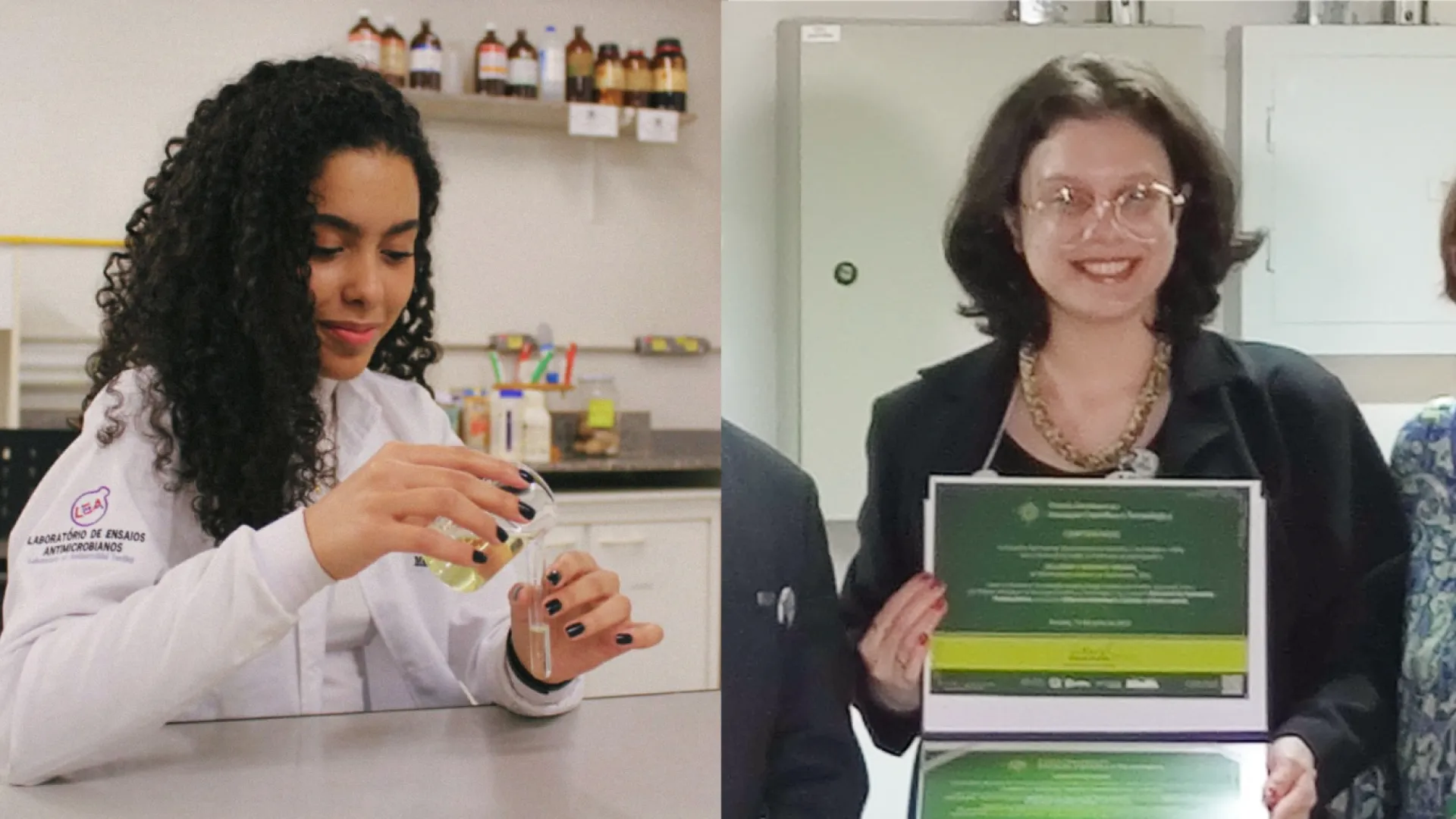 À esquerda, Maria Eduarda Ferreira no Laboratório de Ensaios Antimicrobianos da UFU, e à direita, Isabelle Namias Cunha recebendo a premiação do CNPq