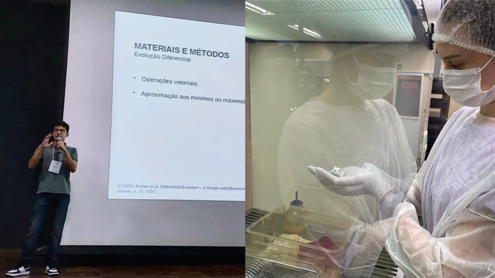 À esquerda, Francisco Apolinário apresentando sua pesquisa no Congresso Nacional de Estudantes de Engenharia Mecânica, e à direita, Sandra Klein em suas atividades no Laboratório de Biotecnologia em Modelos Experimentais da UFU