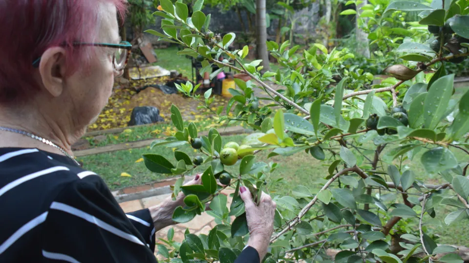 Marlene Colesanti no quintal de sua residência