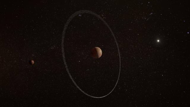Impressão artística de Quaoar e seu anel (imagem: European Space Agency, CC BY-SA 3.0 IGO)