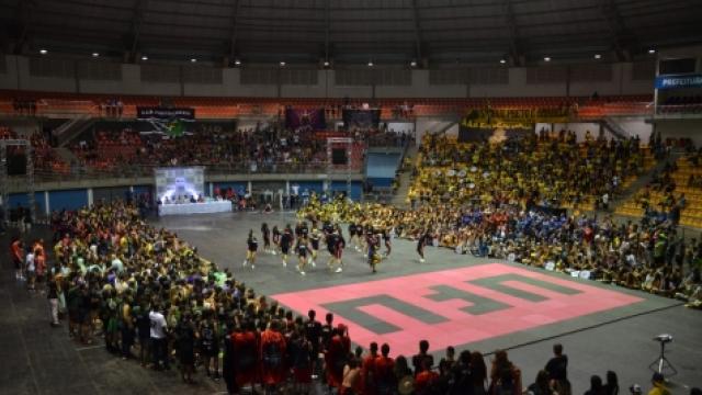 Apresentação das Arlekings, equipe de cheer dance da Associação Atlética Acadêmica das Artes, na abertura da Olimpíada UFU 2019, realizada na Arena Sabiazinho. (Foto: Milton Santos)
