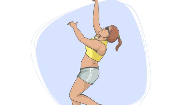Desenho de uma mulher jogando beach tennis, com uma raquete na mão e olhando para cima, onde a bolinha se encontra