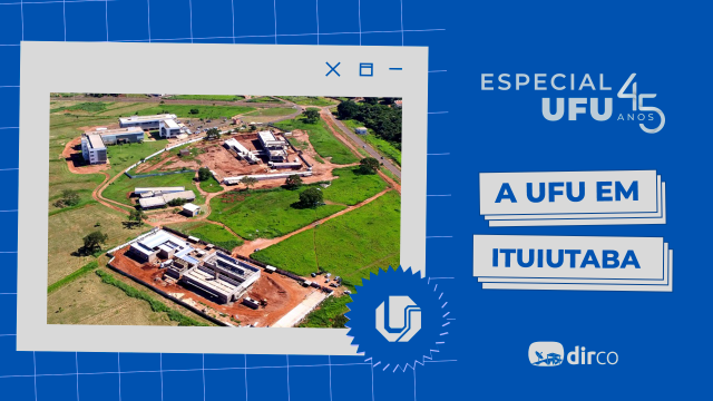 Banner da série "Especial UFU 45 anos", com uma foto aérea do campus Pontal e o escrito "A UFU em Ituiutaba"