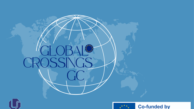 Imagem dos continentes sobreposta com o hemisfério e com o título Global Crossings