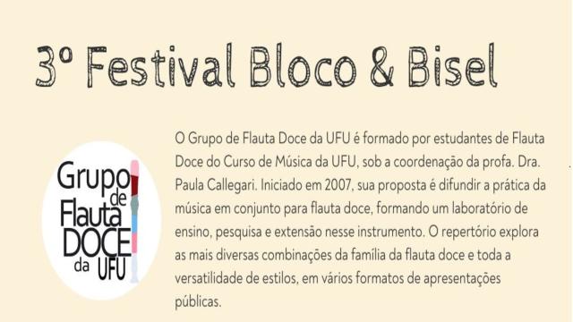 Imagem com cor bege no fundo e título do evento: "3º Festival Bloco & Bisel" e descrição do projeto