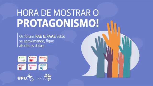 Arte de divulgação, com os dizeres 'hora de mostrar o protagonismo' e um desenho mostrando cinco mãos de cores diferentes erguidas