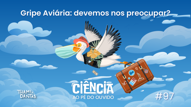 Capa do episódio traz ilustração colorida de uma ave migratória, ela usa mpascara facial, uma camisa florida e carrega nas garras uma mala com adesivos de vários países
