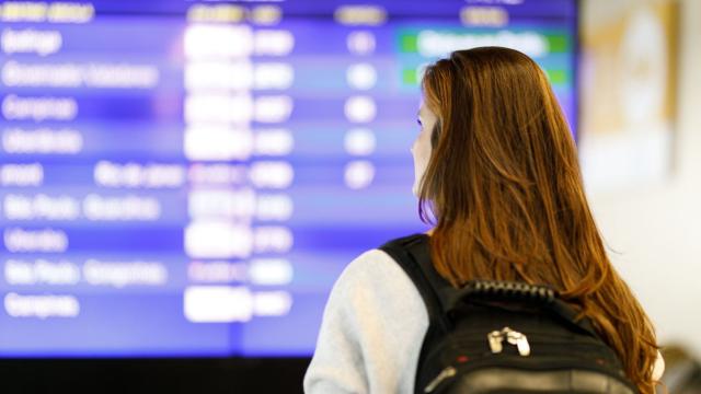 Imagem de uma pessoa de costas, olhando para um painel de aeroporto, em que são exibidas informações sobre os voos